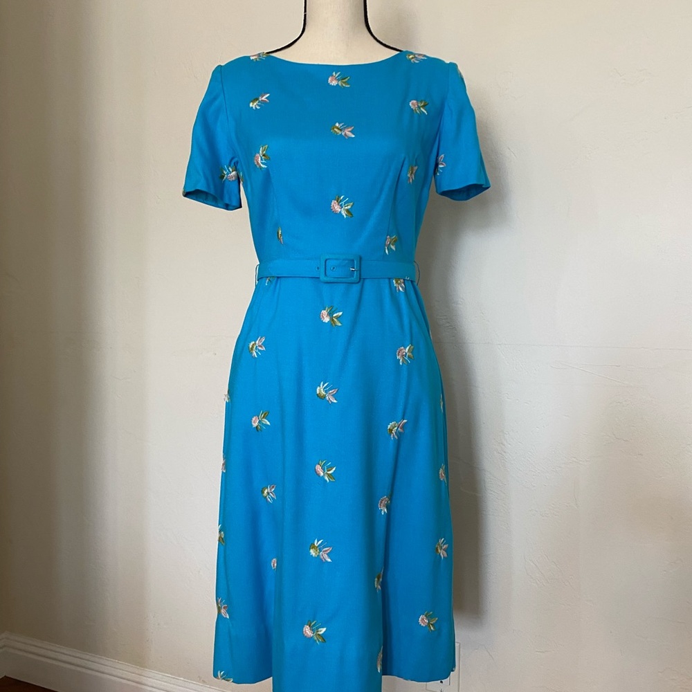 True Vintage Turquoise Belted Dress With Floral Embroidery Circa 1960’s